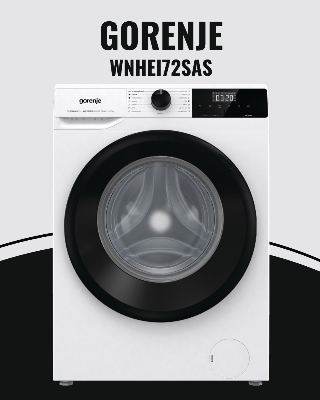 Gorenje veš mašina model WNHEI72SAS sa digitalnim ekranom i crnim vratima
