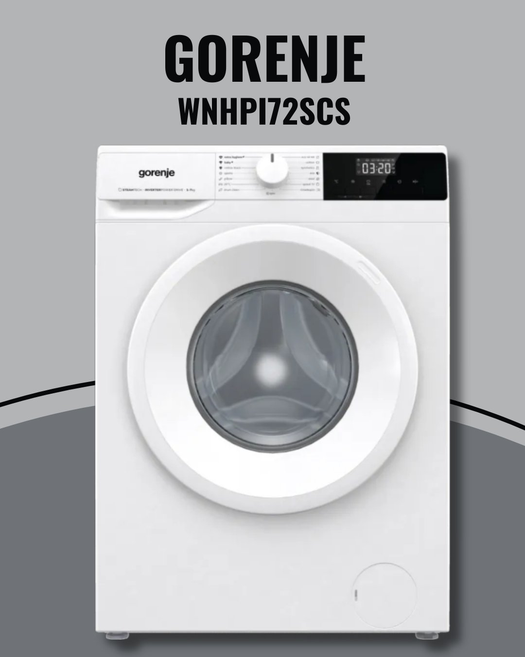 Gorenje veš mašina model WNHPI72SCS, bela sa crnim vratima i jednostavnim upravljanjem