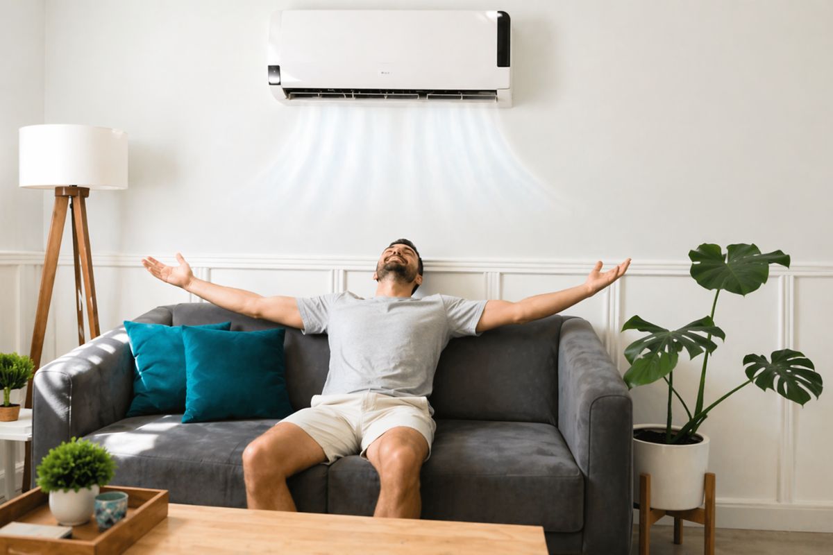 Muškarac uživa u rashlađenom prostoru uz klima uređaj u dnevnoj sobi