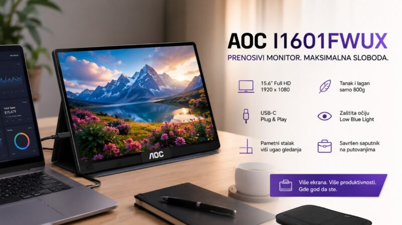Eksterni monitori za laptop - AOC I1601FWUX prenosivi ekran povezan sa laptopom na radnom stolu za produktivniji rad i multitasking