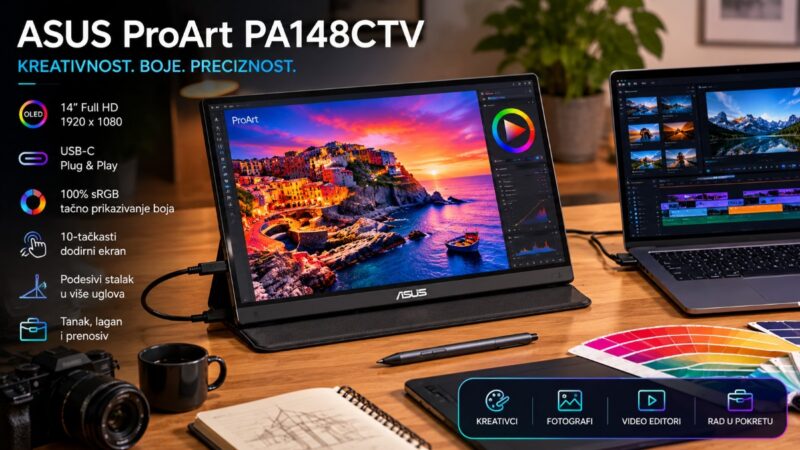 Eksterni monitori za laptop - ASUS ProArt PA148CTV sa ekranom osetljivim na dodir u kreativnom radnom okruženju za obradu fotografija i dizajn