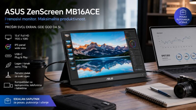Eksterni monitori za laptop - ASUS ZenScreen MB16ACE povezan sa laptopom u modernom radnom prostoru za posao, učenje i putovanja