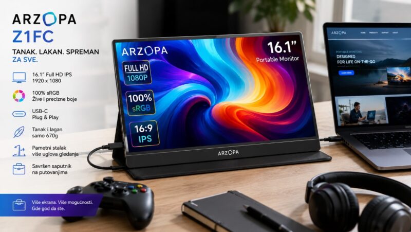 Eksterni monitori za laptop - Arzopa Z1FC prenosivi monitor sa Full HD ekranom povezan sa laptopom za rad, zabavu i putovanja