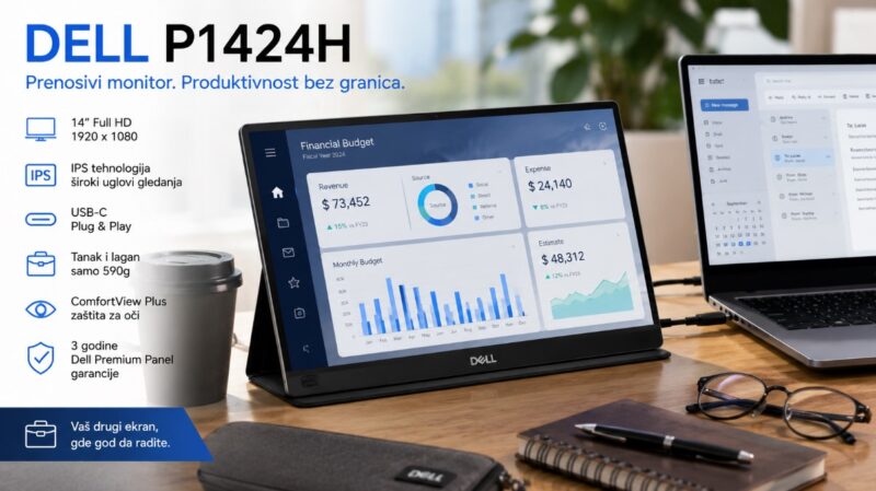Eksterni monitori za laptop - Dell P1424H prenosivi monitor povezan sa laptopom za poslovni rad, produktivnost i multitasking