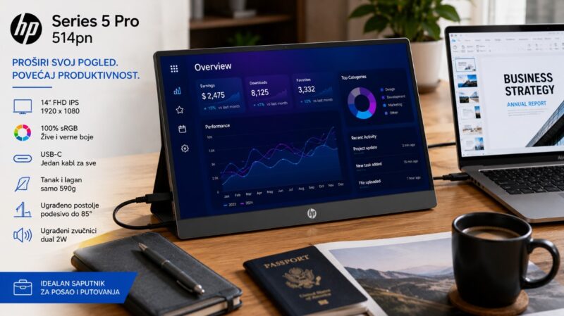 Eksterni monitori za laptop - HP Series 5 Pro 514pn prenosivi monitor povezan sa laptopom za poslovni rad, prezentacije i putovanja