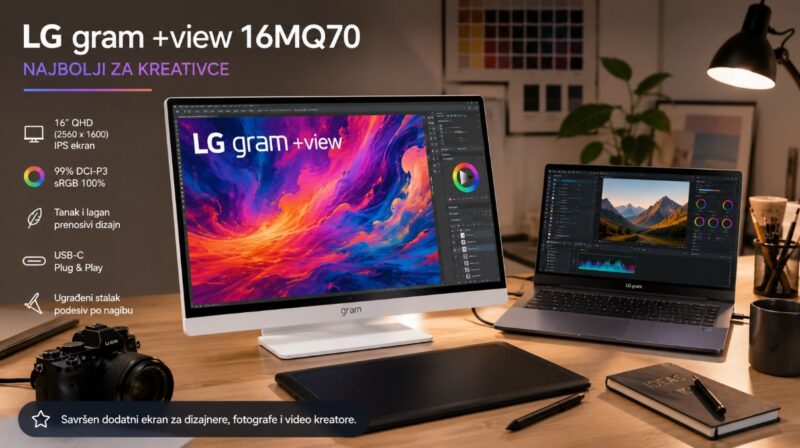 Eksterni monitori za laptop - LG gram +view 16MQ70 povezan sa laptopom u kreativnom radnom okruženju za dizajn, obradu fotografija i video sadržaja