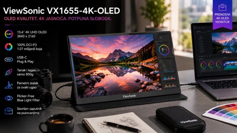 Eksterni monitori za laptop - ViewSonic VX1655 4K OLED prenosivi monitor sa OLED ekranom i 4K rezolucijom za kreativan rad i multimediju