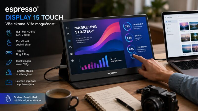 Eksterni monitori za laptop - espresso Display 15 Touch prenosivi monitor sa ekranom osetljivim na dodir povezan sa laptopom u modernom radnom prostoru