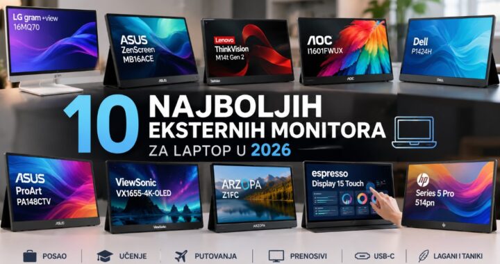 10 najboljih eksternih monitora za laptop u 2026 – prenosivi ekrani za posao, učenje i putovanja